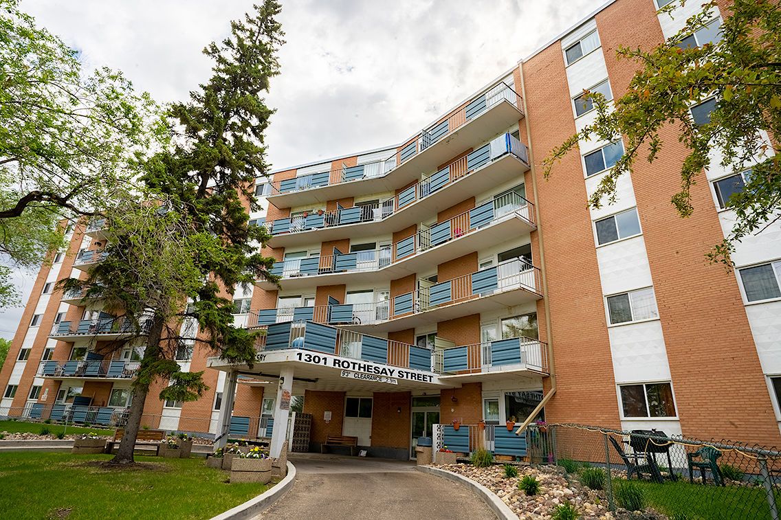 6-floor concrete apartment building located in North Kildonan on Henderson Hwy.